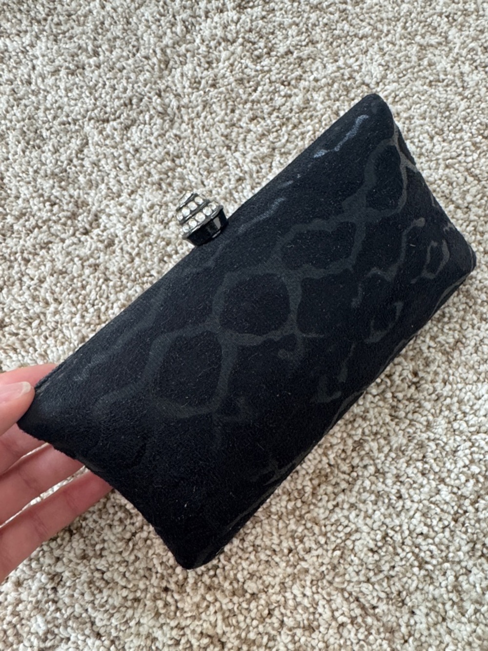 BEBE Black Satin Leopard-Print Evening Clutch with Crystal-Accent Clasp